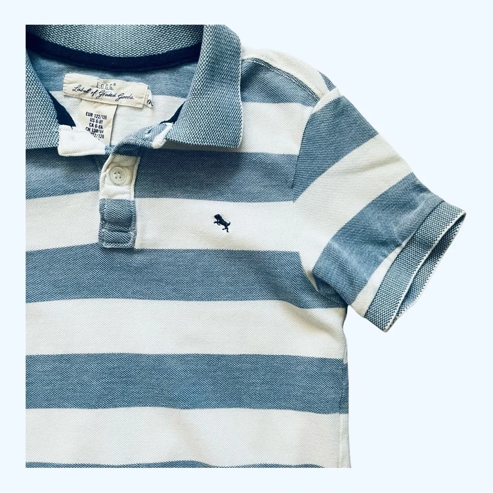 H & M L.O.G.G. polo shirt boy 6-8 years white/blue striped collar buttons cotton